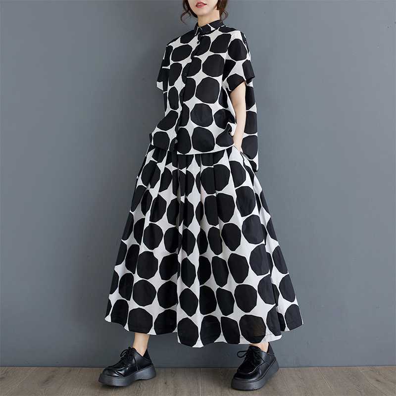 

Летний повседневный комплект из двух предметов с принтом в горошек, свободная блузка с коротким рукавом, женская рубашка, топ, модная одежда, длинные юбки, костюм 2025 One Size