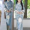 2026 Winter Blue Lady Plush Collar Velvet Qipao with Wide Sleeves
