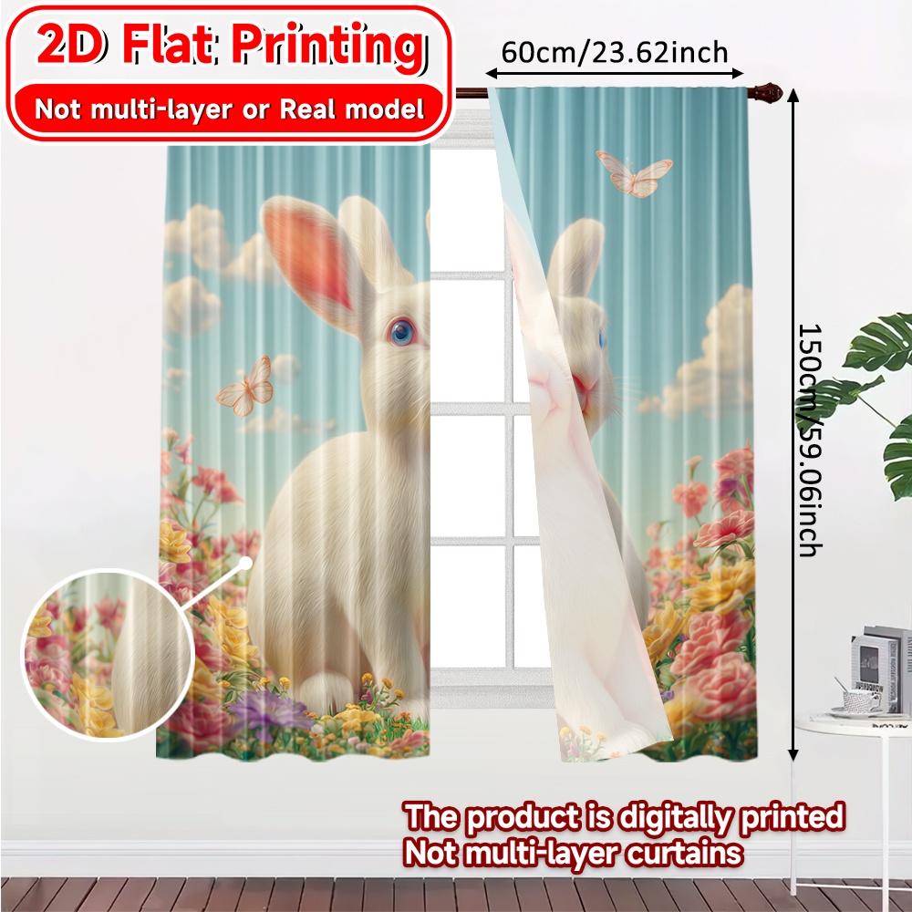 Set Of 2 Flat Printing Curtains Without Rod Easter Bunnies Bloom Festival Chic Print Durable Polyester Curtain