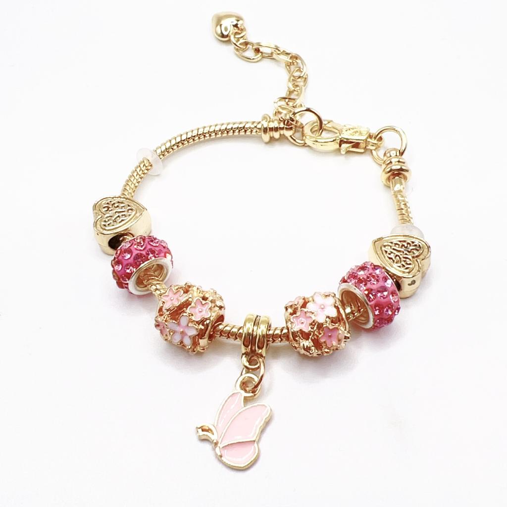 High Quality Gold Plated Crystal Rhinestone Lotus Flower Charm Bracelet Large Hole Beads Pink Flower Pendant Adjustable DIY