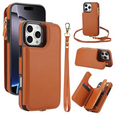Crossbody Zipper Magnetic Leather Flip Wallet Phone Case For iPhone 17 Pro Max 16 Plus 15 14 13 12 Long Lanyard Bag Book Cover
