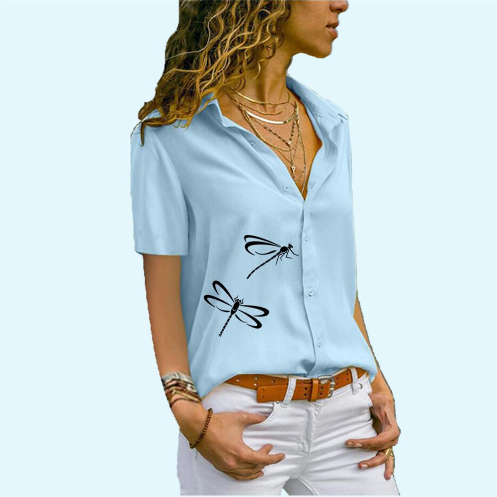 

Женская мода шифоновая блузка с принтом стрекозы, летняя футболка с коротким рукавом, женская повседневная рубашка на пуговицах 5XL светло-синий