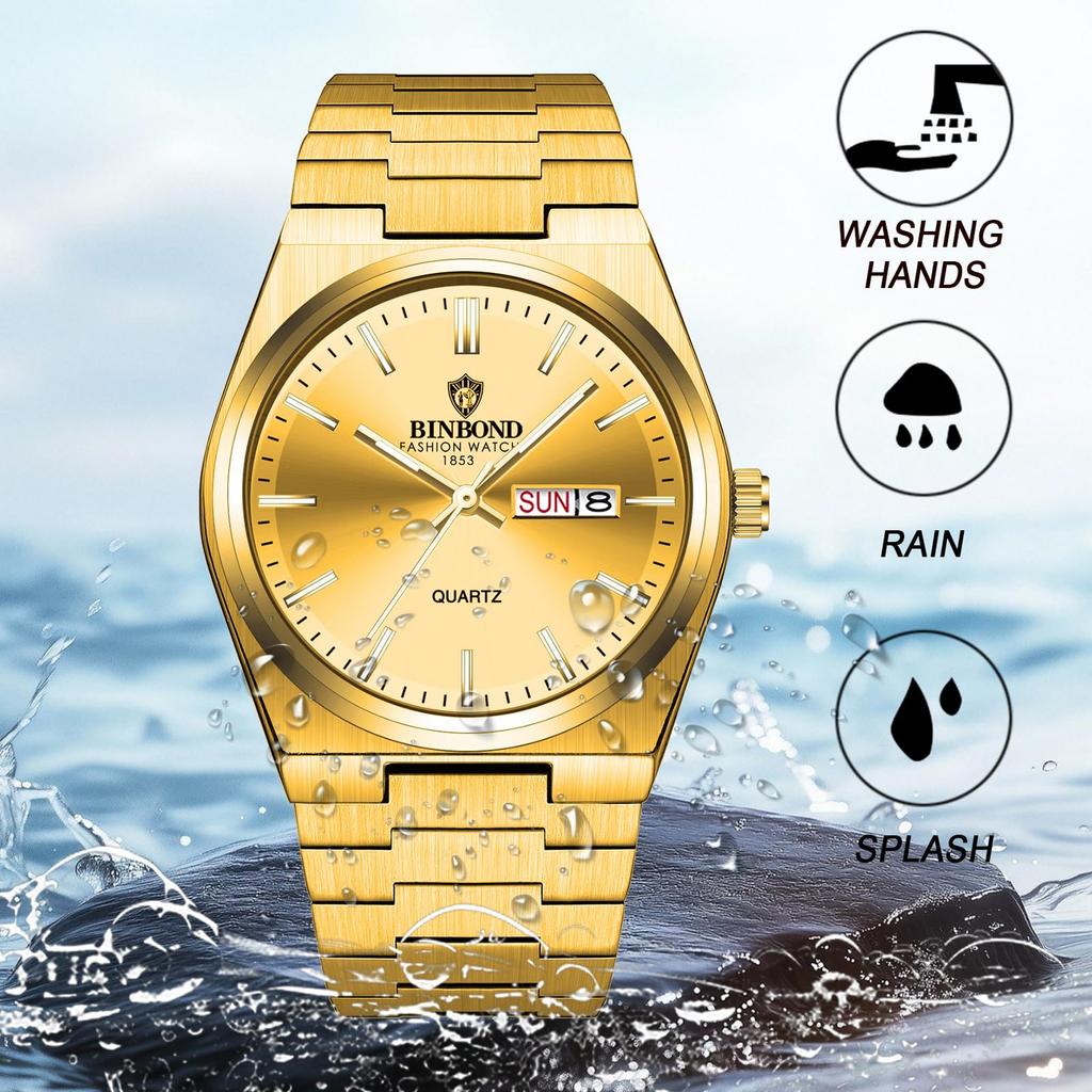 Waterproof Gold Stainless Steel Watch with Luminous Analog and Adjustable Strap Simple and Stylish Perfect Gift for or Christmas Men's Indices,