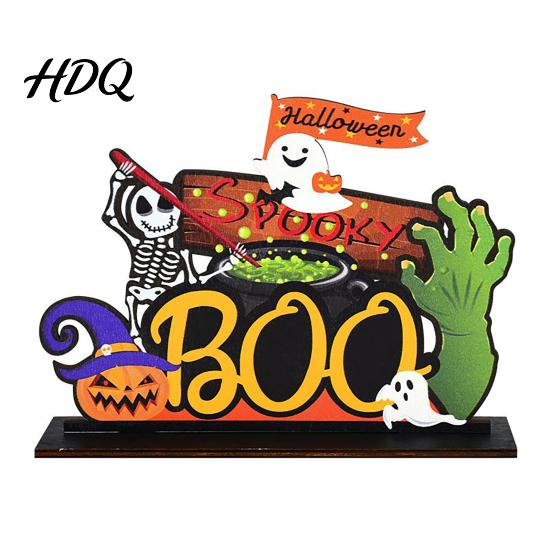 Holiday Desktop Layout Ornaments Halloween Tabletop Decor Signs Pumpkin Ghost Gnome Wood Centerpiece Blocks Spooky Cartoon Style Figures Party