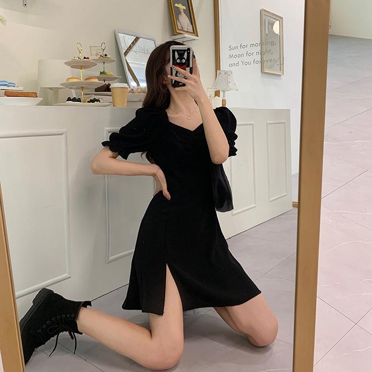 2024 Plus Size French Slit Slimming Black Summer Dress for Women
