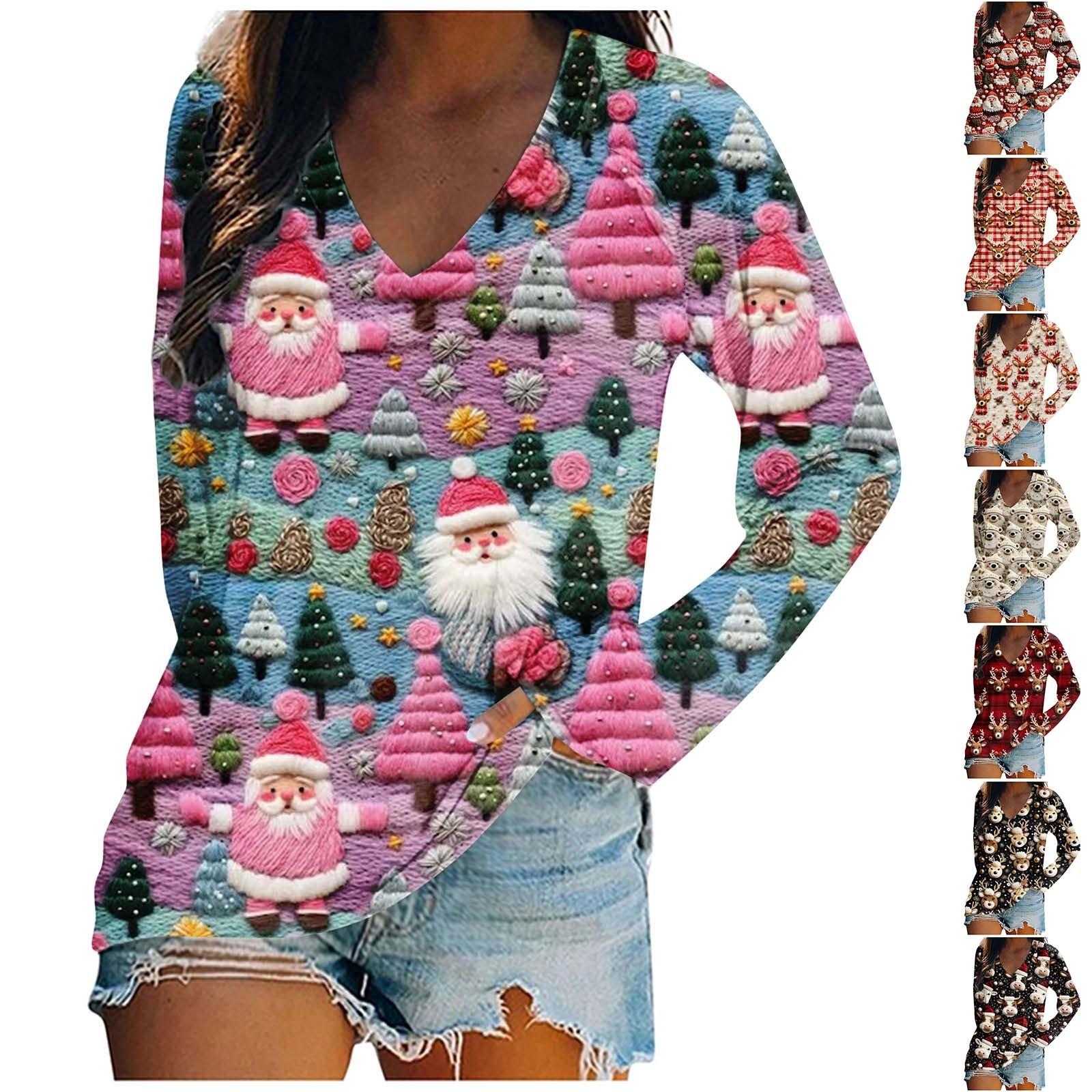 

Жен. Футболка Футболка на пуговицах Рождественский принт Длинный рукав Повседневные Выходные Мода Классический Классический V-образный вырез Обычный Топ