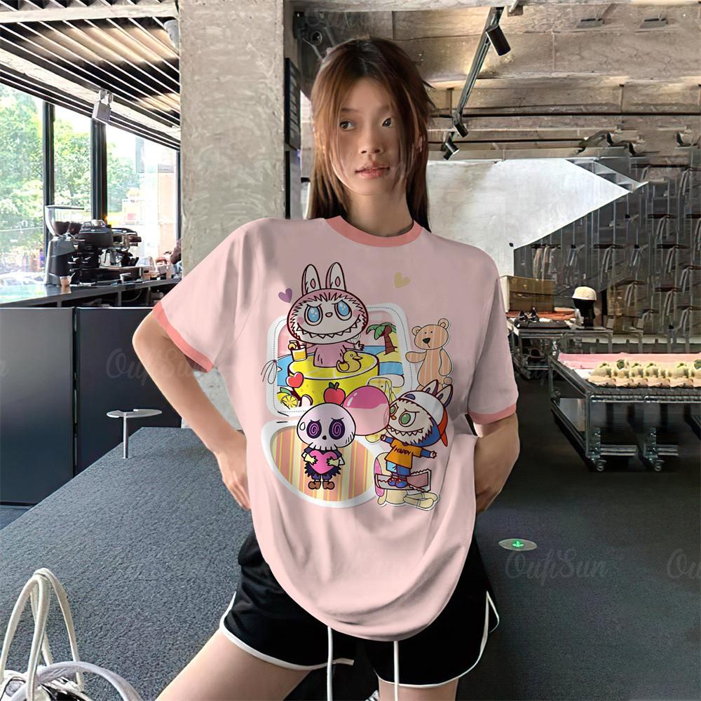 Fashion trend LABUBU printing style short-sleeved T-shirt summer cartoon top