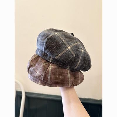 New Korean Dopamine Color Plaid Beret Women's Autumn Sweet British Painter's Hat Plaid Octagonal Hat