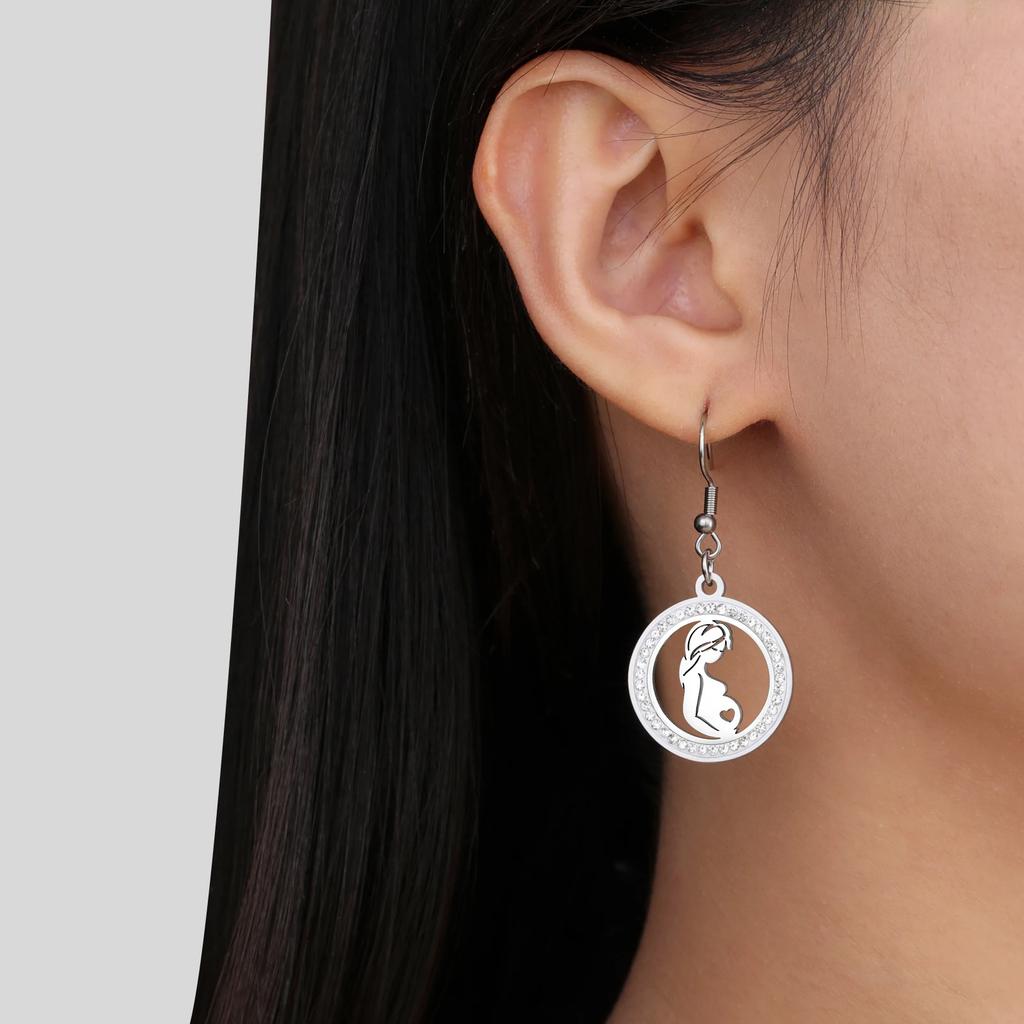 Cazador Clear Zircon Mom Baby Pregnant Mother Round Dangle Earrings Stainless Steel Jewelry Earrings Mother's Day Gift 2026