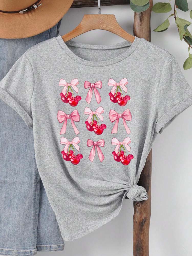 Ovely Style Fashion Summer Women Cherry Bow Print T Shirt Female Casual Top Tshirts Cartoon Graphic Tee T-Shirt