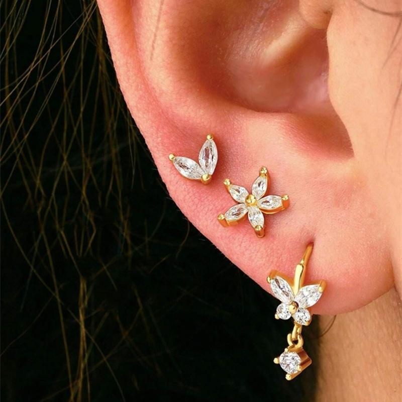3 STÜCKE Edelstahl Goldfarben Kreis Creolen Set für Damen Einfache Zirkon Blume Ohrstecker Knorpelpiercing Schmuck