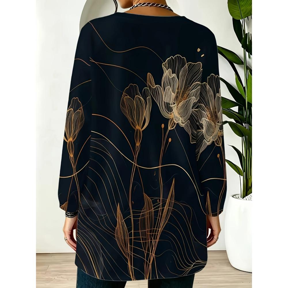 Women's large size with pocket design gold flower embroidered loose T-shirt women's autumn new long-sleeved fashion temperament versatile medium