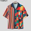 INCERUN Summer Oversized Men Lapel Striped Plaid Print Buttons Up Casual Hawaiian Shirts