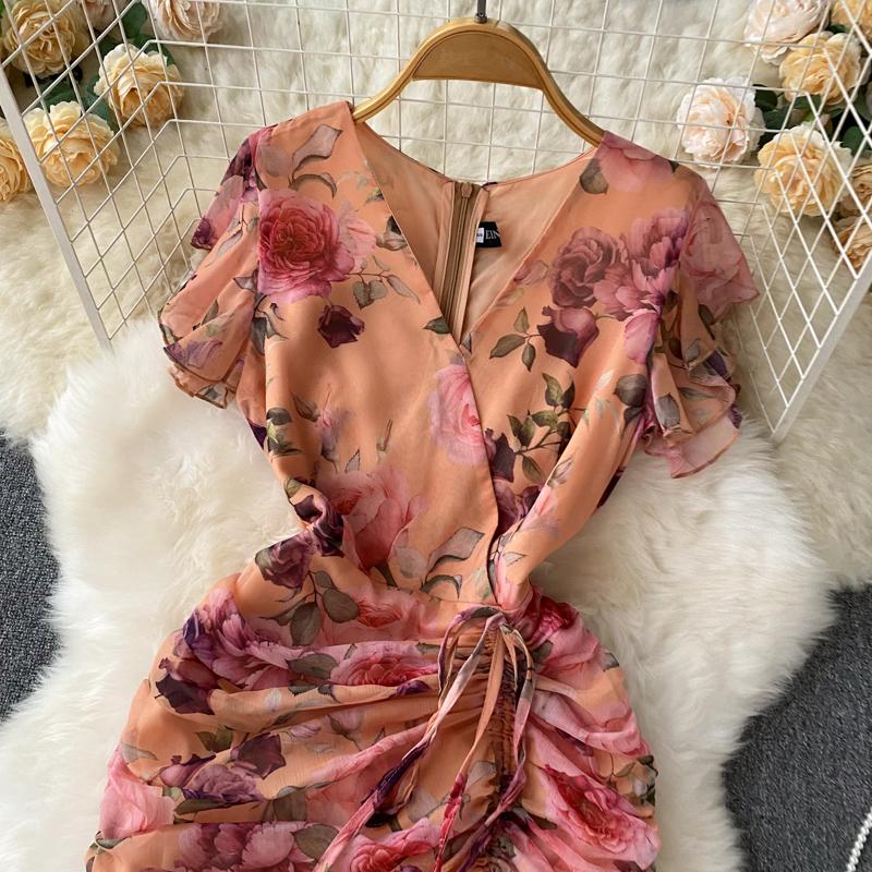 Chic Drawstring Bodycon Short Sleeve Vneck Dress Wrap Dresse Fashion Vestidos Women Vintage Spring and Autumn Trumpet Dress