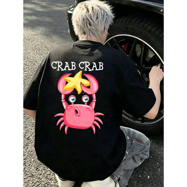 Crewneck T Shirt Black Crab Cartoon Print with Star And Text Crab Crab Casual Wear for Men Streetwear Fashion Summer Outfit