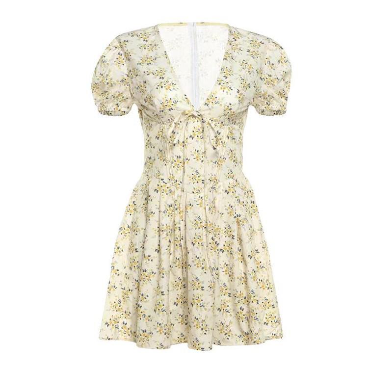 European & American Women's Summer Floral Puff Sleeve V-Neck Slimming Retro Dress