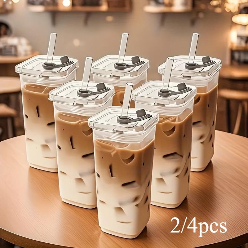 2/4pcs Square Glass Coffee Mugs with Lids and Straws, Reusable Drinking Cups with Glass Covers, Ideal for Coffee, Tea, Home, Office, School