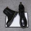 Men's Black Leather High-Top Motorcycle Boots with Side Zipper - British Style for Autumn/Winter