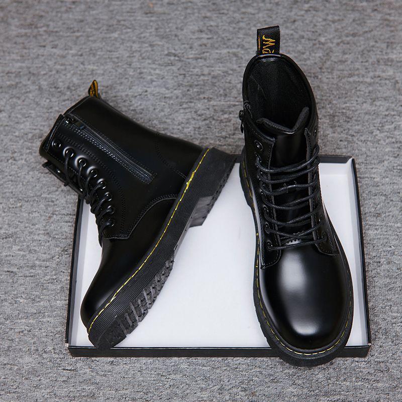 Men's Black Leather High-Top Motorcycle Boots with Side Zipper - British Style for Autumn/Winter