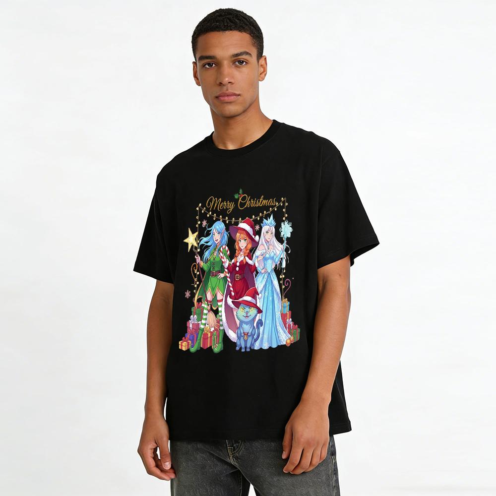 Christmas Anime Character Print Sweatshirt Elf Santa Girl Ice Queen Cat Holiday Top Pure cotton T-shirt