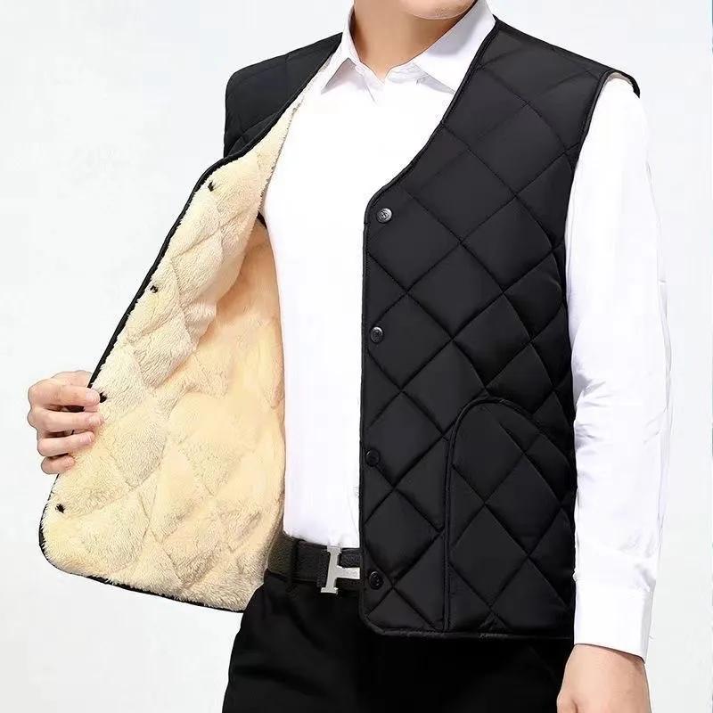Youth Winter Fleece-Lined Warm Vest for Middle-Aged and Elderly Men: Slightly Solid-Color Stretchy Vest