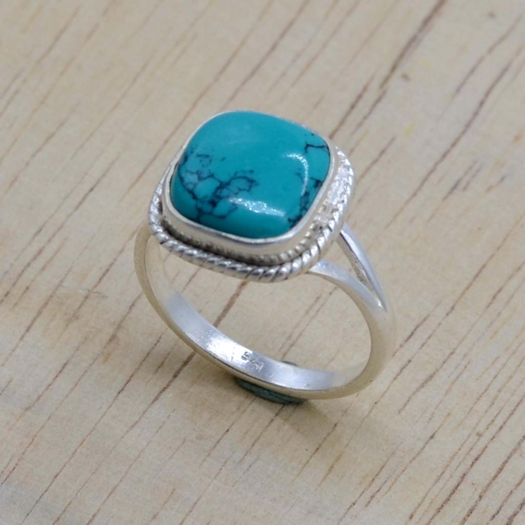 Bague femme en argent sterling Turquoise 925, bague faite à la main en pierre précieuse coussin