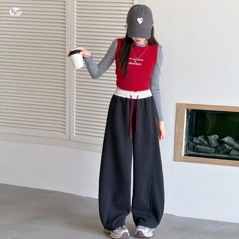 Girls' Autumn 2026 Color Block Wide-Leg Sweatpants - Casual Sports Pants for Middle & Older Children