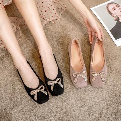 Mode Vrouwen Platte Elegante Bling Kristal Strik Mode Vrouwen Platte Ballerina Schoenen Strik Vierkante Neus Platte Schoenen Dames Platte Schoenen 2025