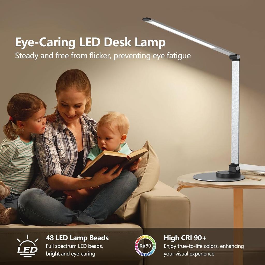 LED Desk Lamp for Home Office, Foldable Desk Light USB Charging Port Touch Control, 3 Color Temp, 6 Brightness, Metal Table Lamp Eye-Caring Reading