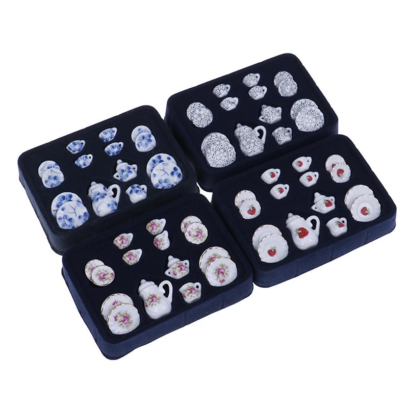 15Pcs 1:12 Miniature Porcelain Tea Cup Set Chintz Flower Tableware Kitchen Dollhouse Furniture Toys For Children Teapot DIY Toys