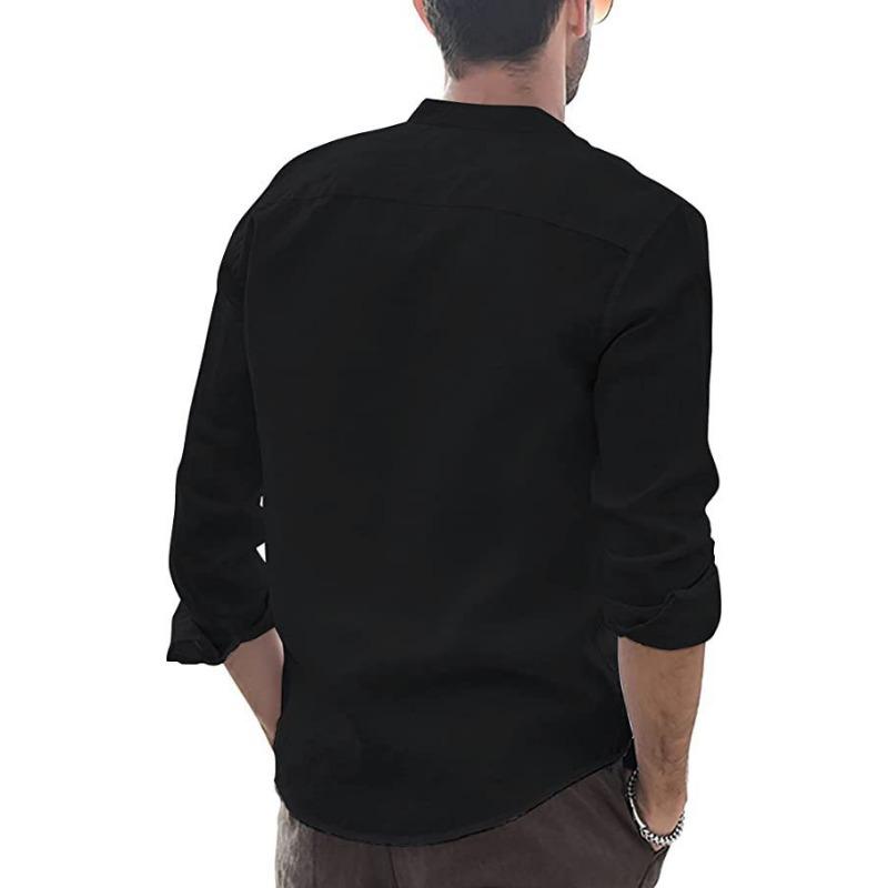 Mens Solid Color Vintage Casual Loose Long Sleeve Stand Collar Henley Shirt