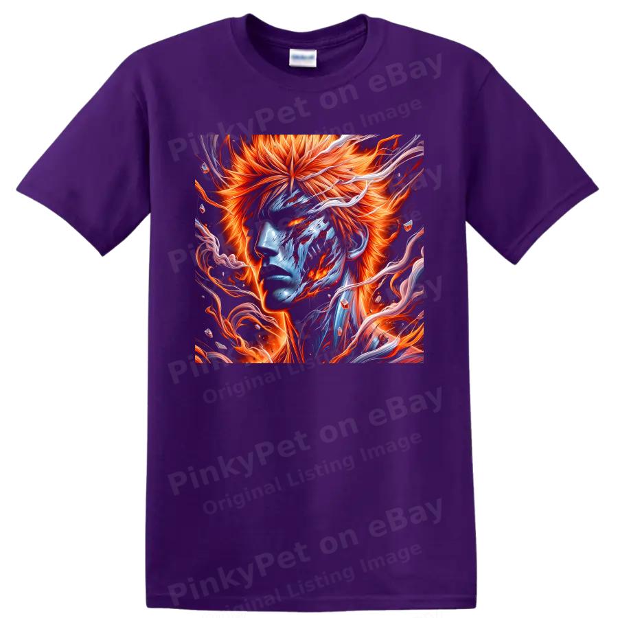 Ichigo Kurosaki Anime T Shirt Fiery Orange Blue Portrait Graphic Tee Gift Art