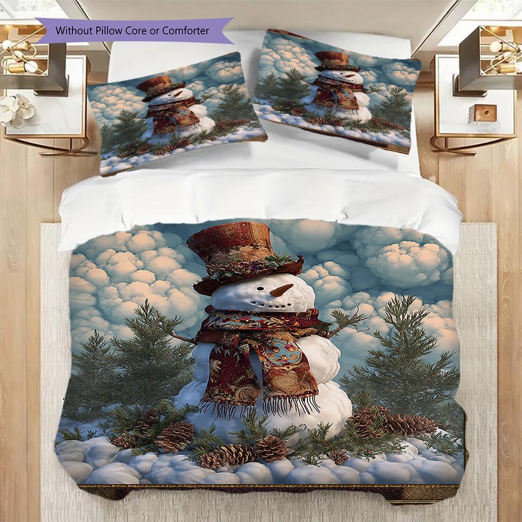 Snowman Pattern Bedding Quilt Set Quilt Cover Pillowcase Home Decoration Birthday Gift (1 * Duvet Cover + 2 * Pillowcase, Without Core)