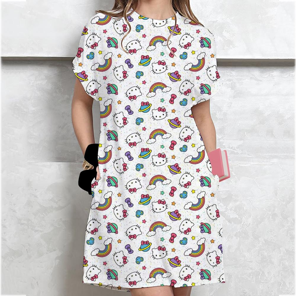 Vestido Camiseta Casual de Manga Corta para Mujer Estampado Vintage de Hello Kitty Vestido Mini Holgado Vestido Mini Elegante y Sencillo Ropa de Calle Vestido de Verano