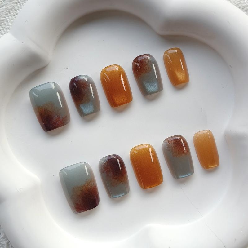 10Pcs Short Square Blue Brown Patchwork French Press On Nails Full Coverage Waterproof Artificial False Nails
