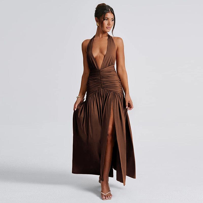 European and American style summer new women's clothing temperament neck V-neck long dress sexy split pleated backless dress