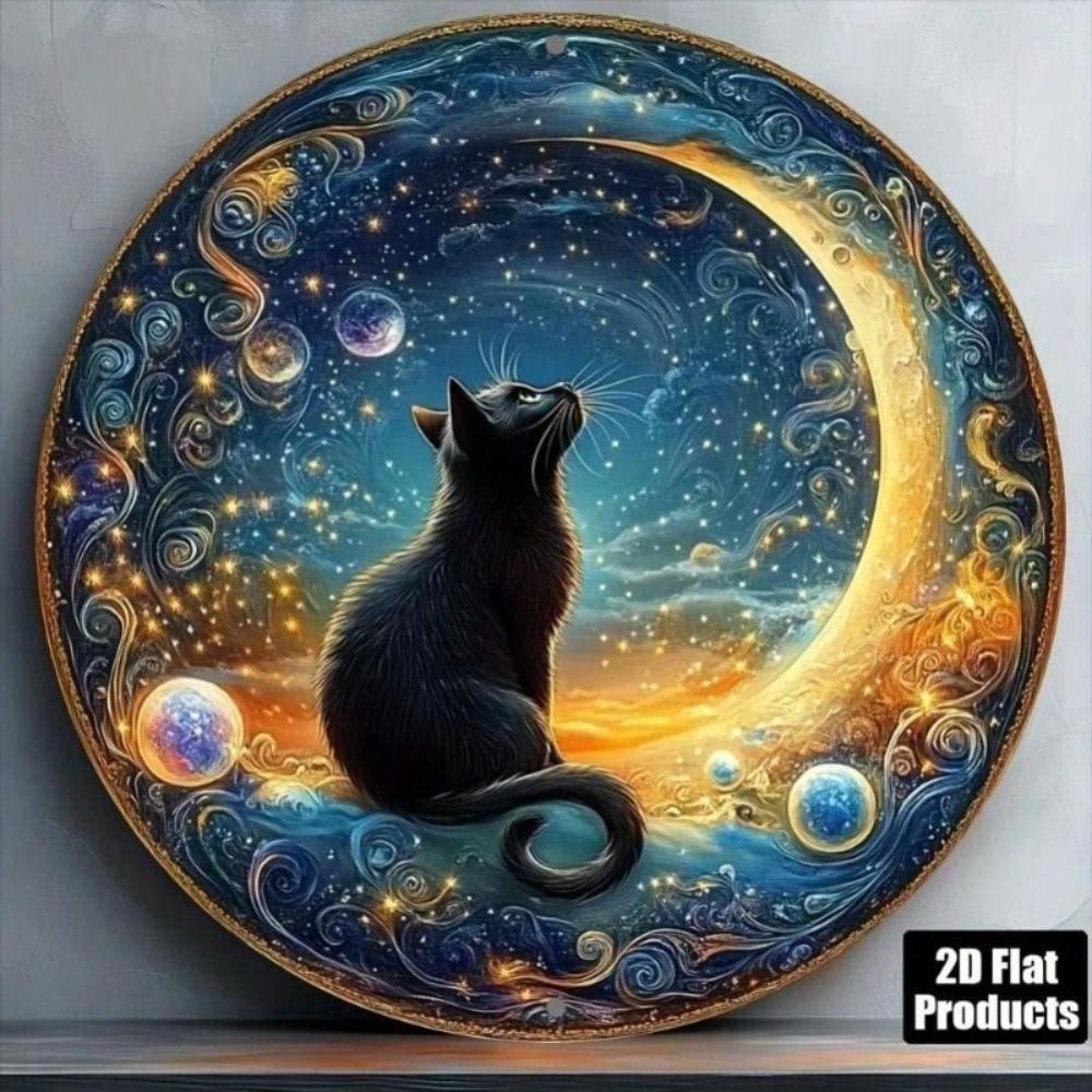 Funny Night Sky Cat Moon Metal Poster, Vintage Round Aluminum 20cm for Living Room Wall Art