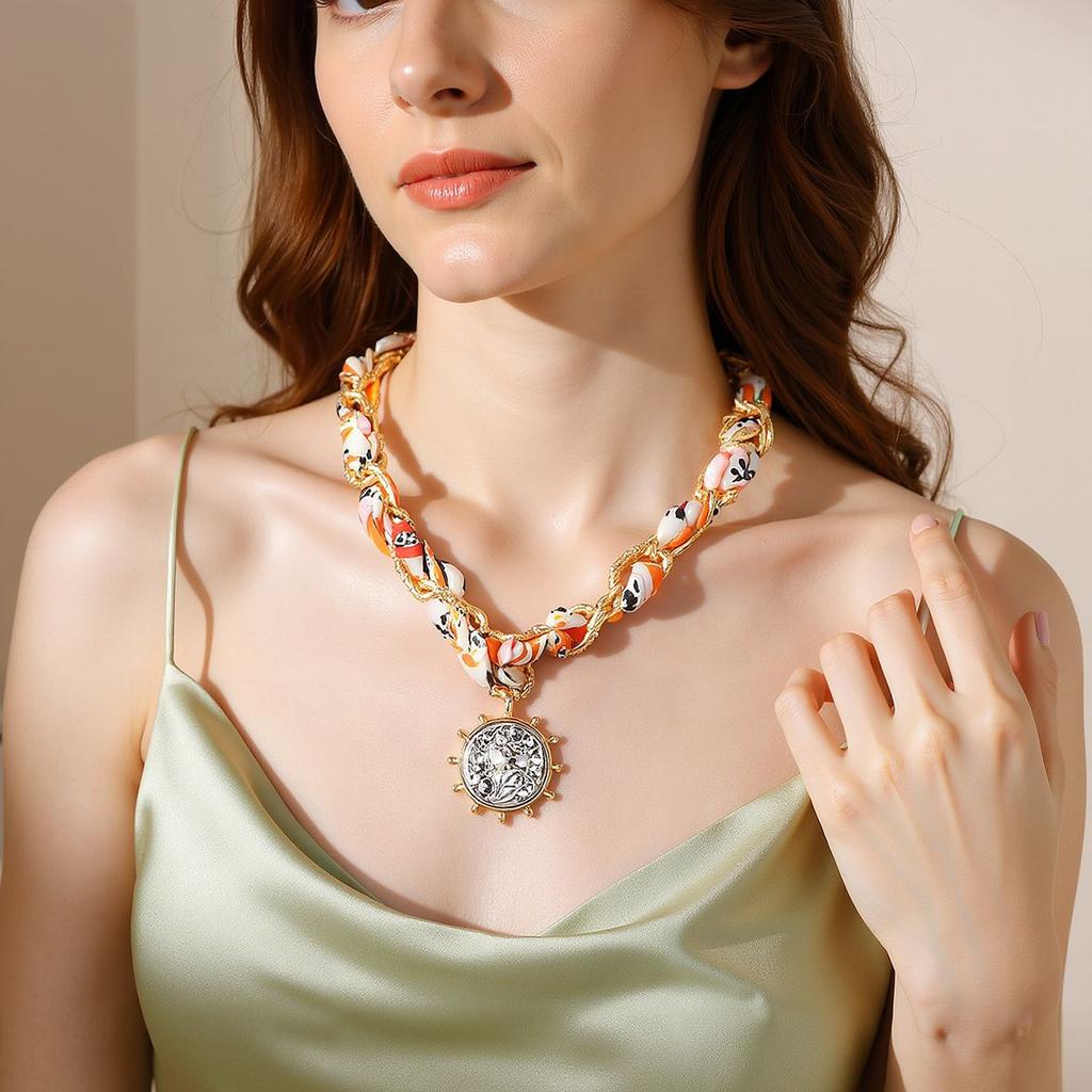 European and American Personality Trends, Ribbon Chains, Staggered Sweet and Cool Style, Alloy Badges, Pendant Necklaces, Light Luxury Niche