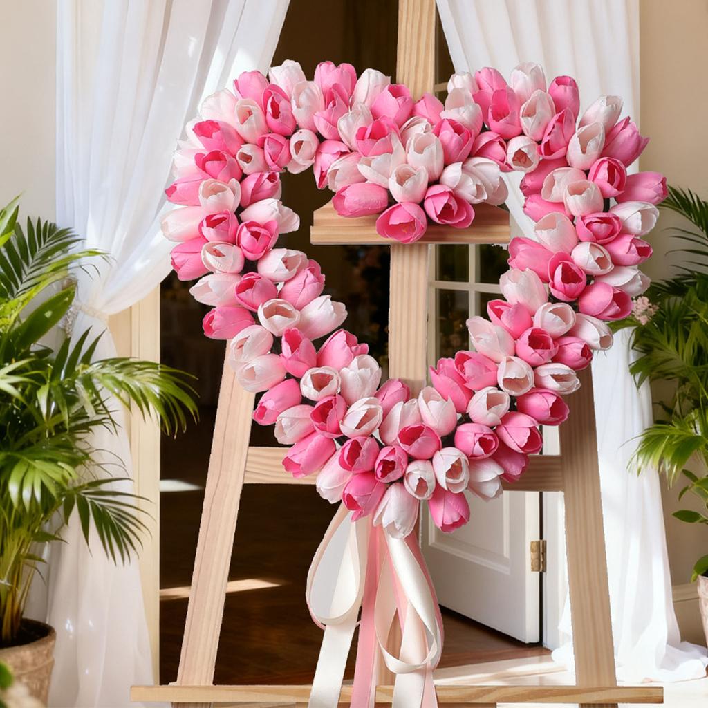 Heart Shaped Wreath Spring Summer Artificial Flowers Wreath for Festival Front Door Window Wall Decor Pink