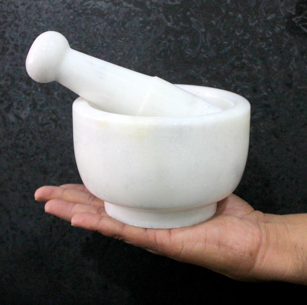 KLEO 5" Durchmesser Naturstein Marmor Mörser und Stößel Set für Gewürzmühle und Medizinzerkleinerer (Weiß)