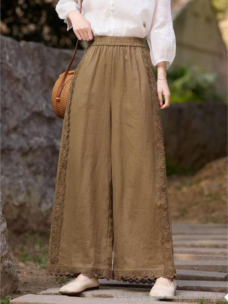 Women's Retro Wide-Leg Linen Pants - Elastic Waist, Lace Tie, Solid Color, Loose Fit