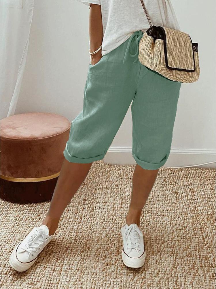 Thickened Fabric Women's Cotton Linen Pocket Elastic Casual Pants Women's Pants Quarter Pants