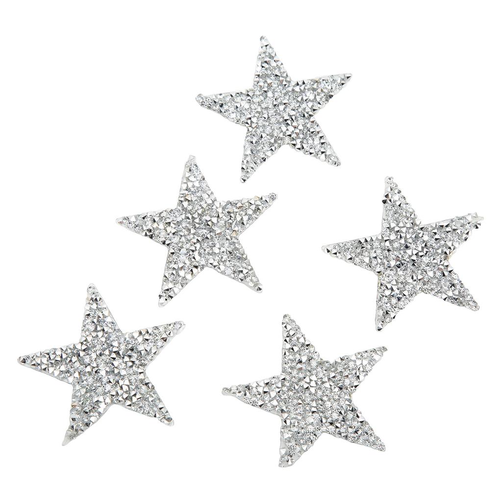 5 Pcs Star Iron On Patches 6cm Silver Resin Shiny Rhinestone Five Pointed Star Hot Melt Adhesive