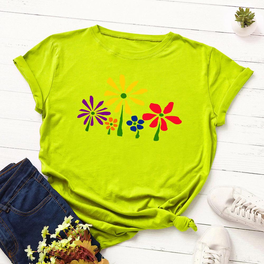 Little Flowers Cotton T-Shirt Short Sleeve Round Neck Women 2d Print Tops
