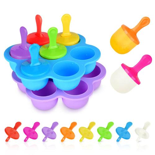 2-Pack Popsicle Molds, Silicone Mini Ice Pop Molds with Colorful Popsicle Sticks, BPA-Free Food Storage Containers, and 7 Round Ice Cube Trays