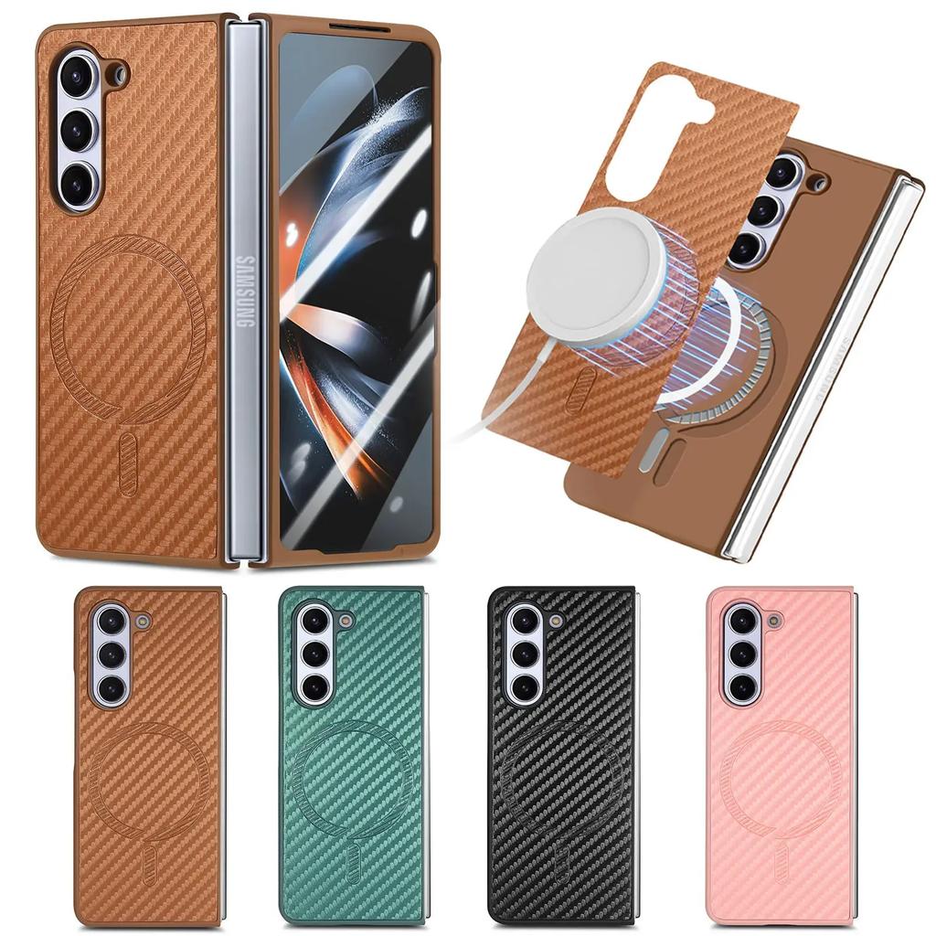 Magnetic Carbon Fiber Pattern Leather Case for Samsung Galaxy Z Fold 6 Fold5 4 Electroplated Frame Shell Film Integrated Cover