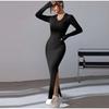 Women's Knit Dress Fall Casual Long Sleeve Lapel Collar Solid Color Bodycon Long Dresses Maxi for Female Going Out Streetwear