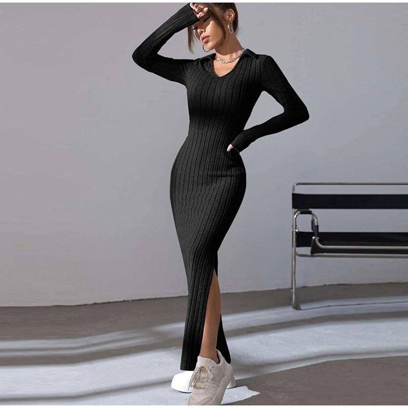 Women's Knit Dress Fall Casual Long Sleeve Lapel Collar Solid Color Bodycon Long Dresses Maxi for Female Going Out Streetwear