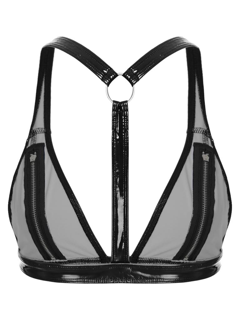 S-3XL Women Wet Look PU Leather Clubwear Set Zipper Cups Y-Back Bralette with Mesh Leggings Tights for Rave Party