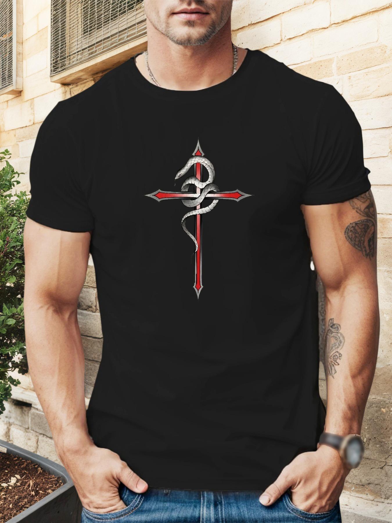 

Blue Snake Cross Graphic T-shirt - Casual Summer Crew Neck Tee with Red & White Design S